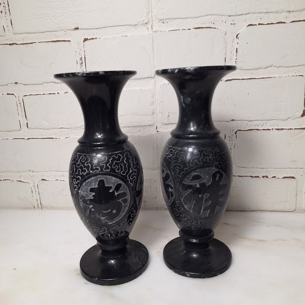 Set of 2 Antique FENG SHUI Black & Gray Vase Collectible Chinese Art Tozai